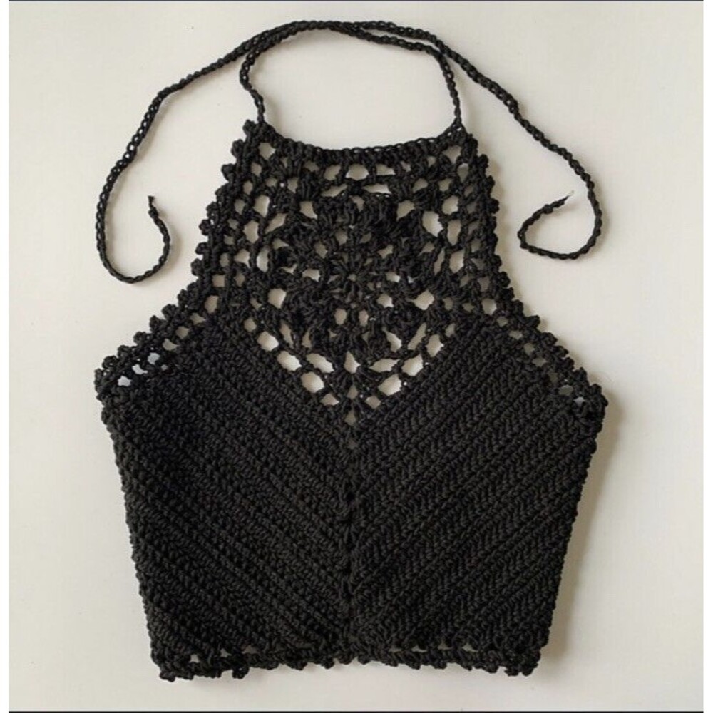 BOG Collective Halter Crop Top Knit Open Back Smocked Black 100% Cotton Women XS
